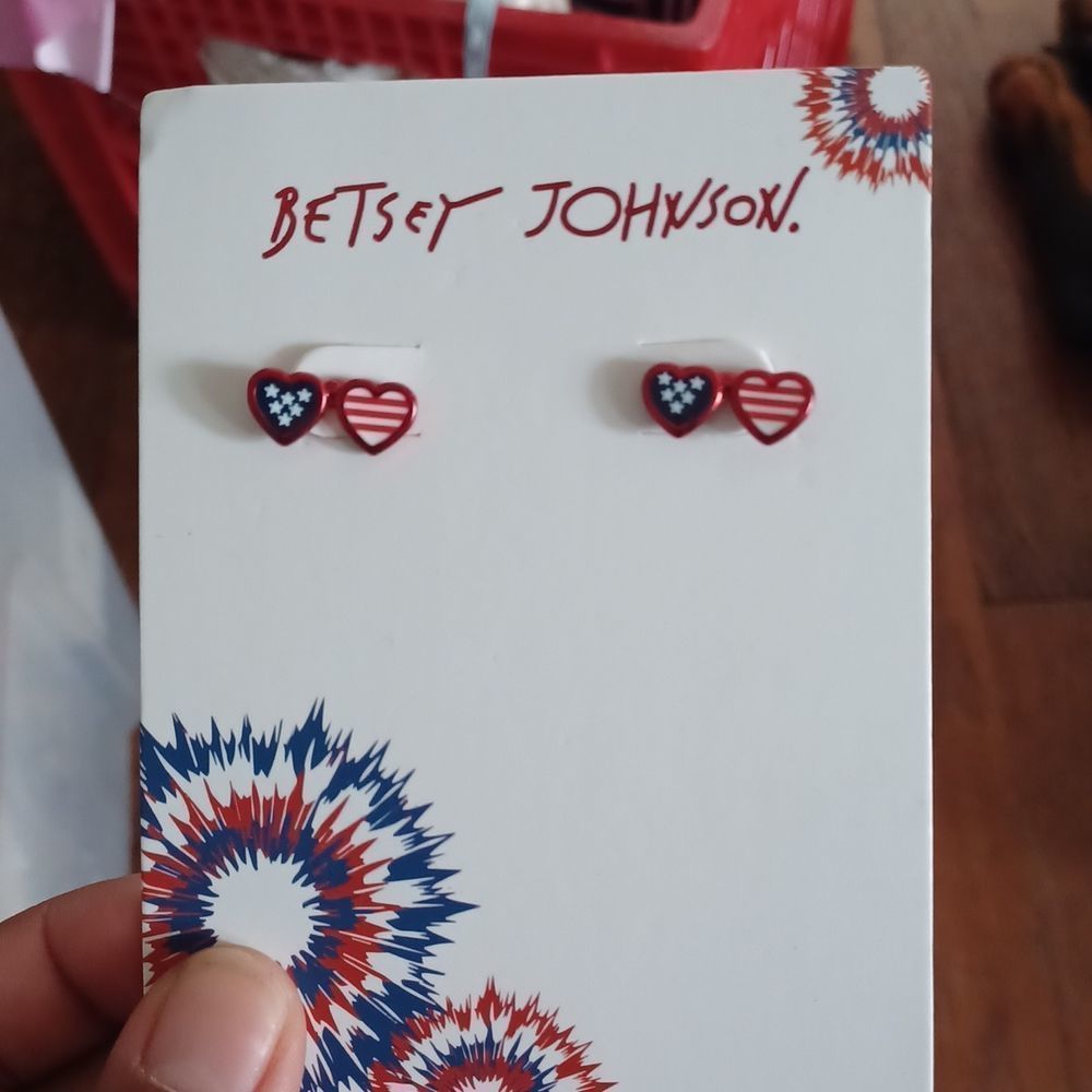Betsey Johnson Independence Day Double Heart Stud Earrings NWT